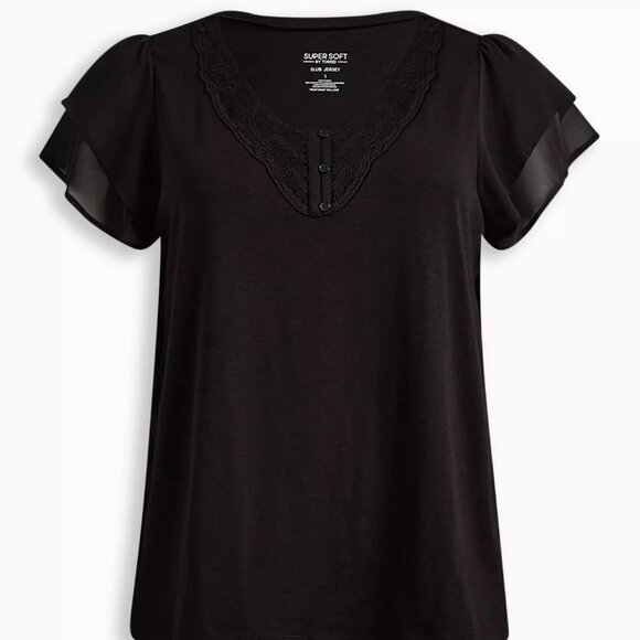 Torrid Super Soft Slub Crochet Inset Chiffon Flutter Sleeve Top - Picture 1 of 6